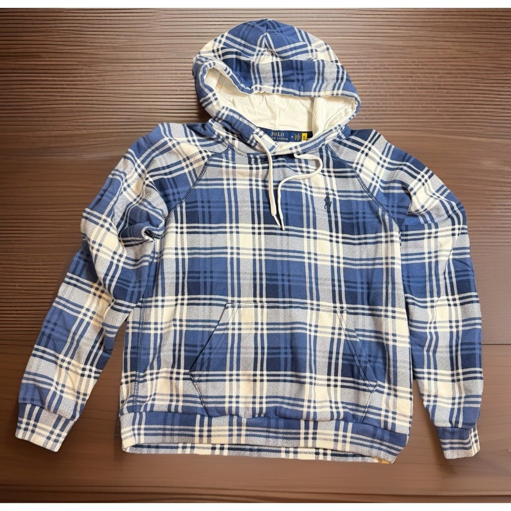Polo Ralph Lauren Plaid Hoodie Medium Women Blue White Pullover Cozy Preppy Pony